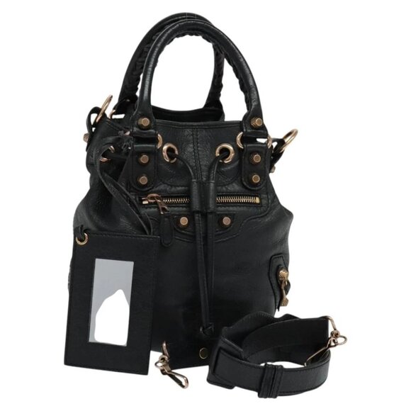 BALENCIAGA Giant Mini Pom Pom Hand Bag Leather 2way Black 285439 Auth ki5426V - Picture 1 of 14